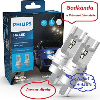 H4 PHILIPS Ultinon Pro 6000 -GODKÄND LED konverteringssats  NYHET +450%  18W /12V  