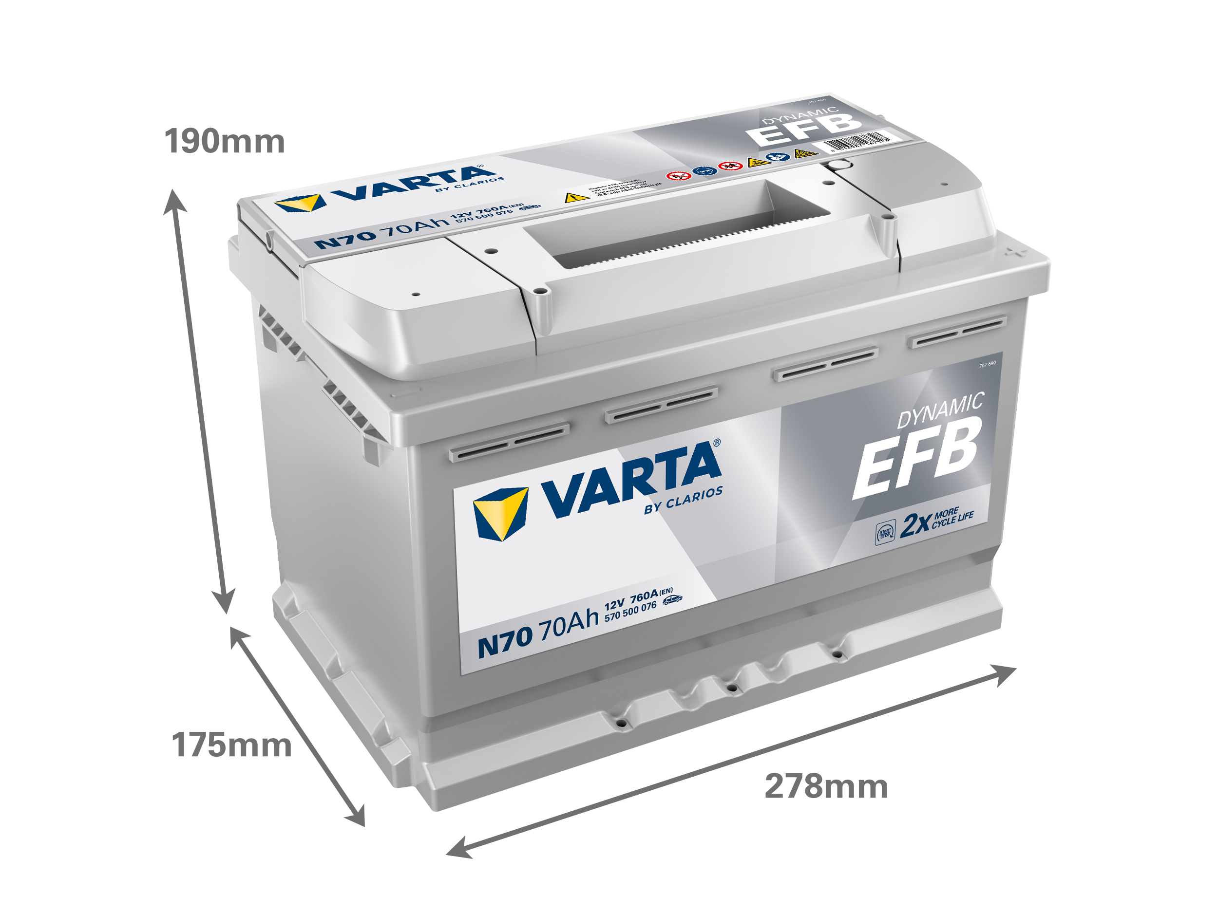VARTA N70 Dynamic EFB Batteri 12V 70AH 760CCA (278x175x190/190mm) +höger