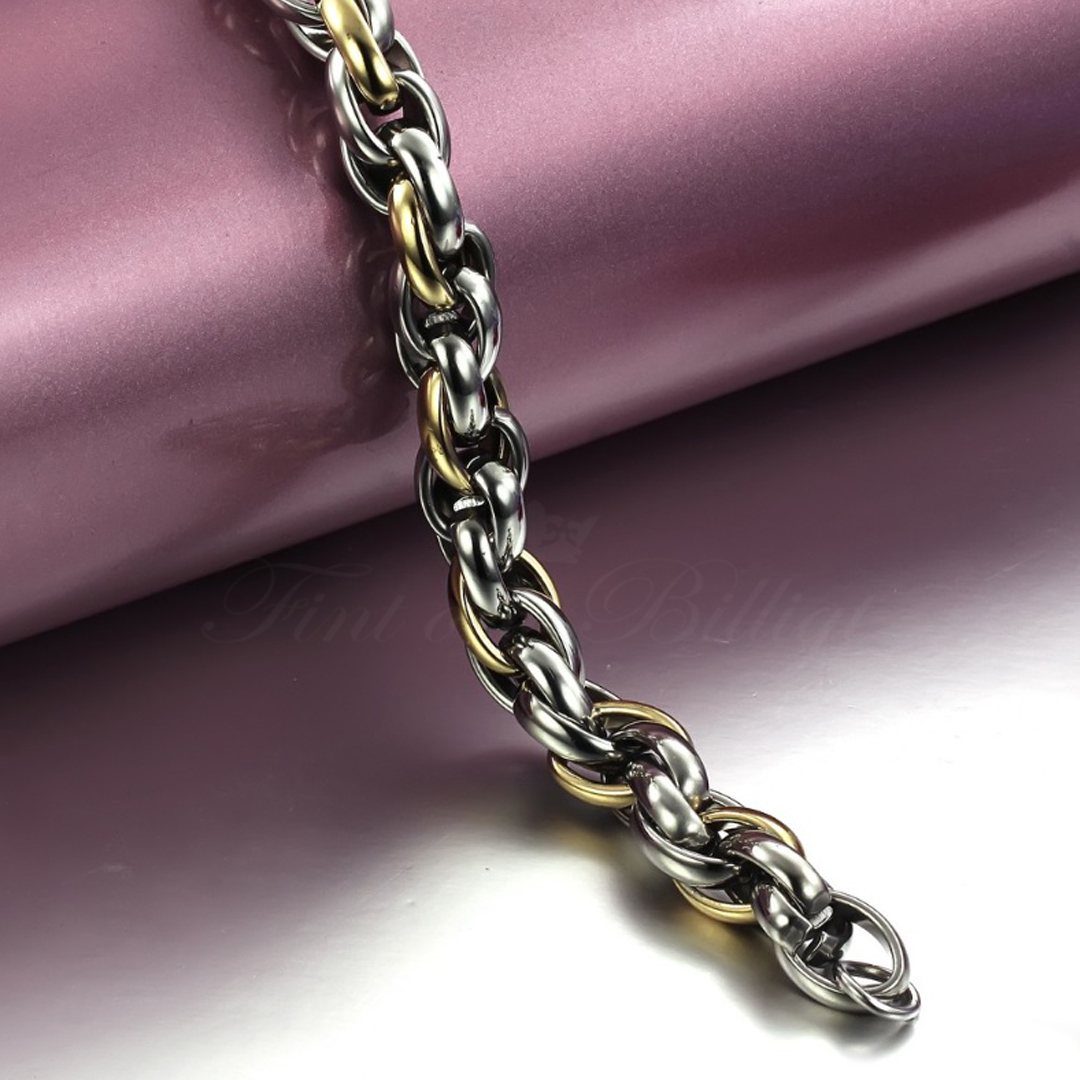 Elegant tvåfärgat pansararmband med rundade länkar 10mm bredd