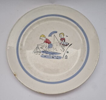 Children's plate playing children by water