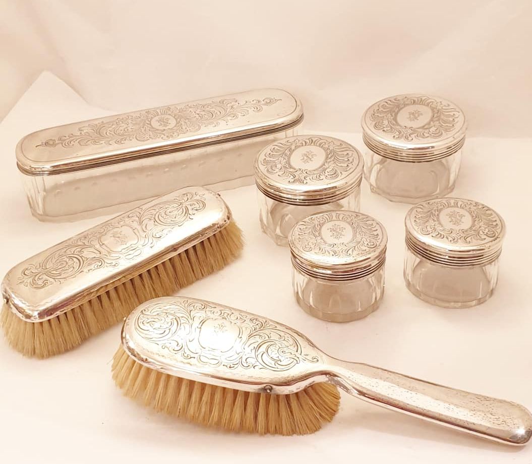 Toilet set silver and crystal 1870s 7 pieces