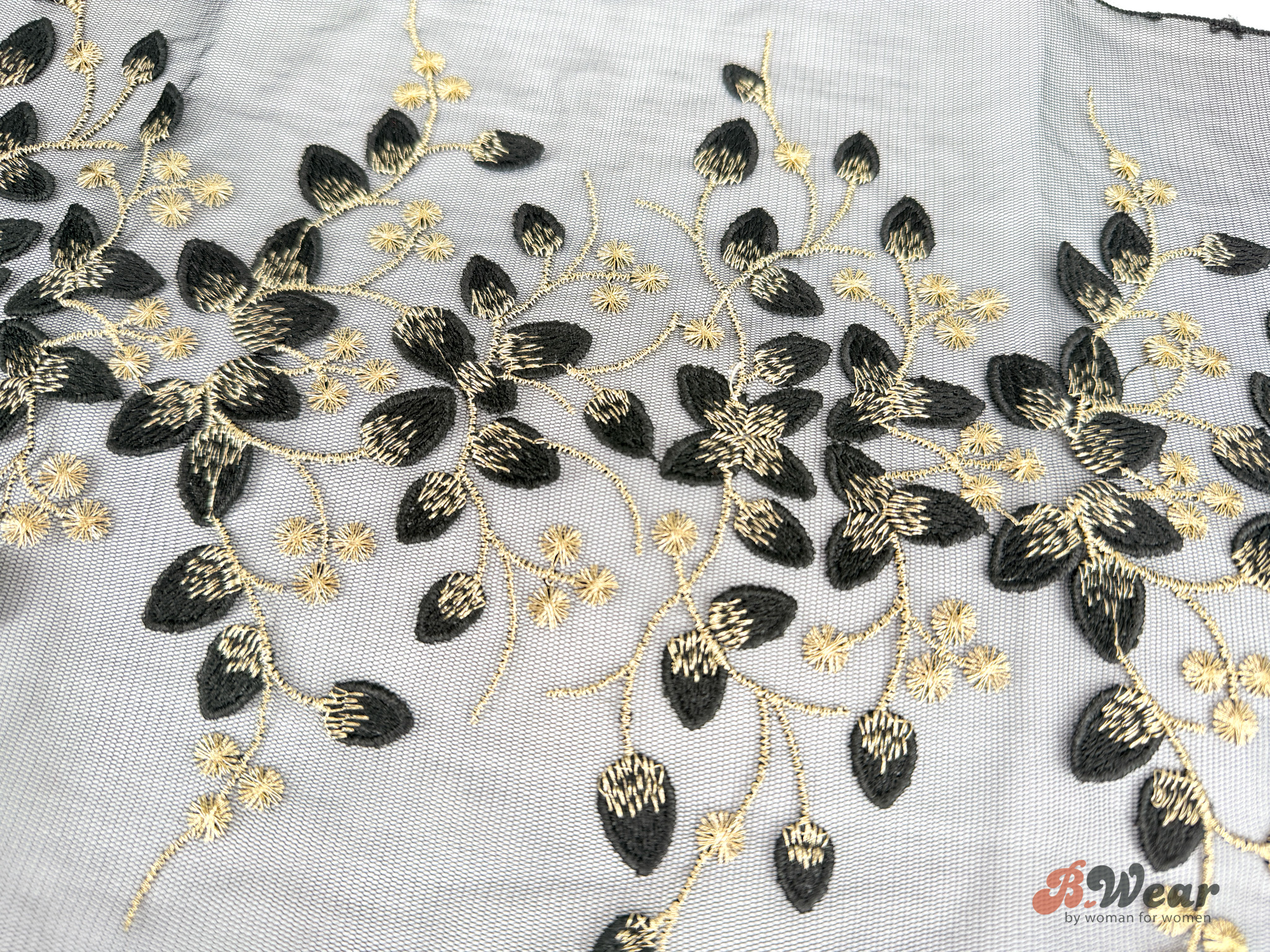 Non-stretch tulle lace in Black with gold threads and 3D petals - cm - 2