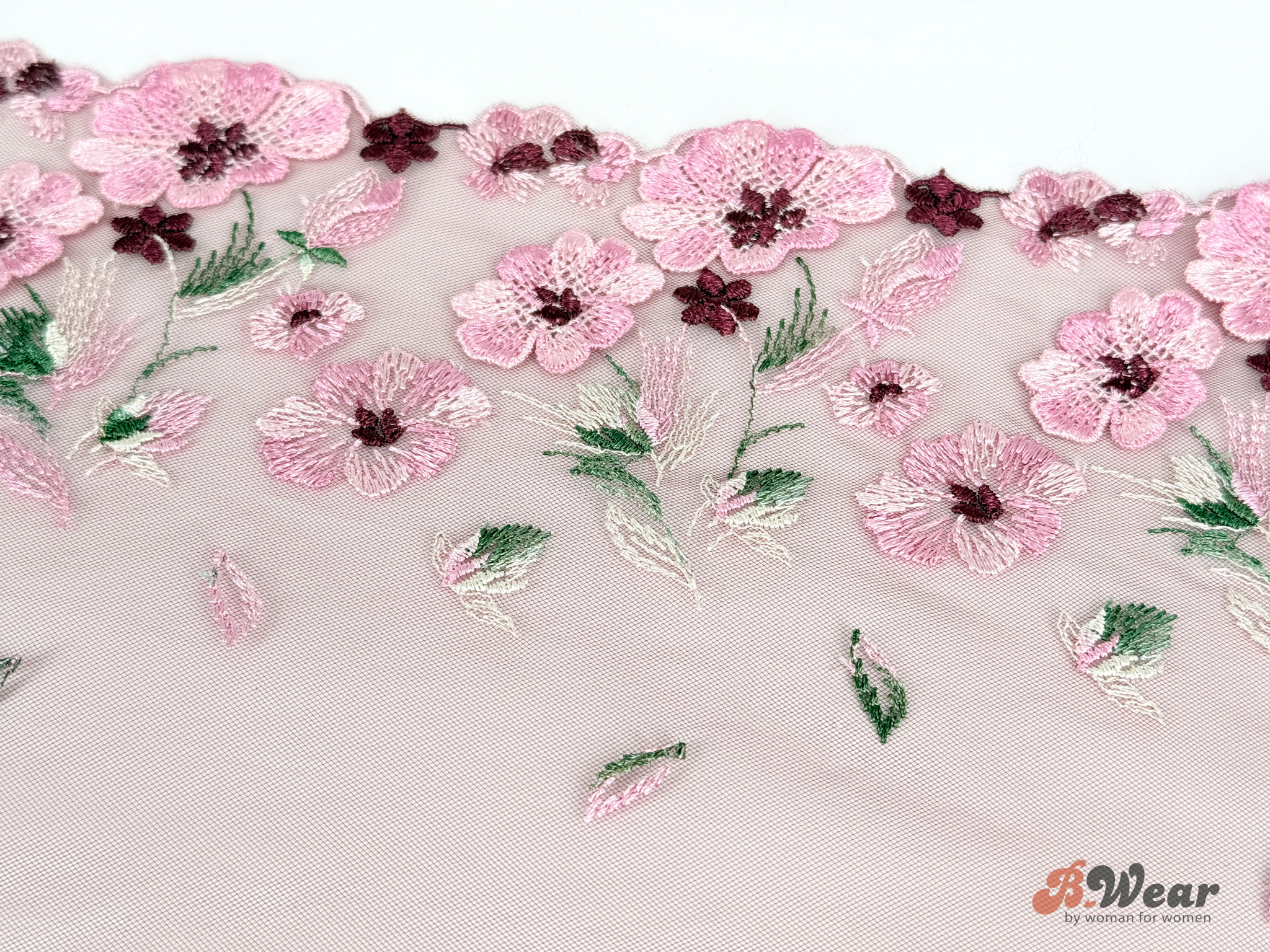 BlackCherry colored non-stretch tulle lace with beautiful flowers in pink 3D flowers - 17 cm - 4