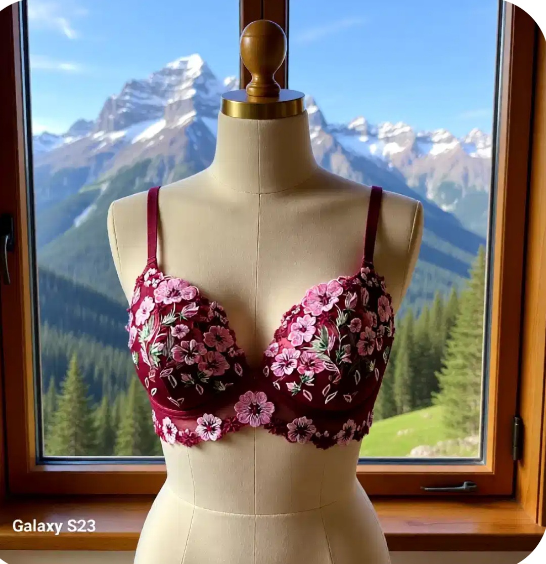 BlackCherry colored non-stretch tulle lace with beautiful flowers in pink 3D flowers - 17 cm - 5