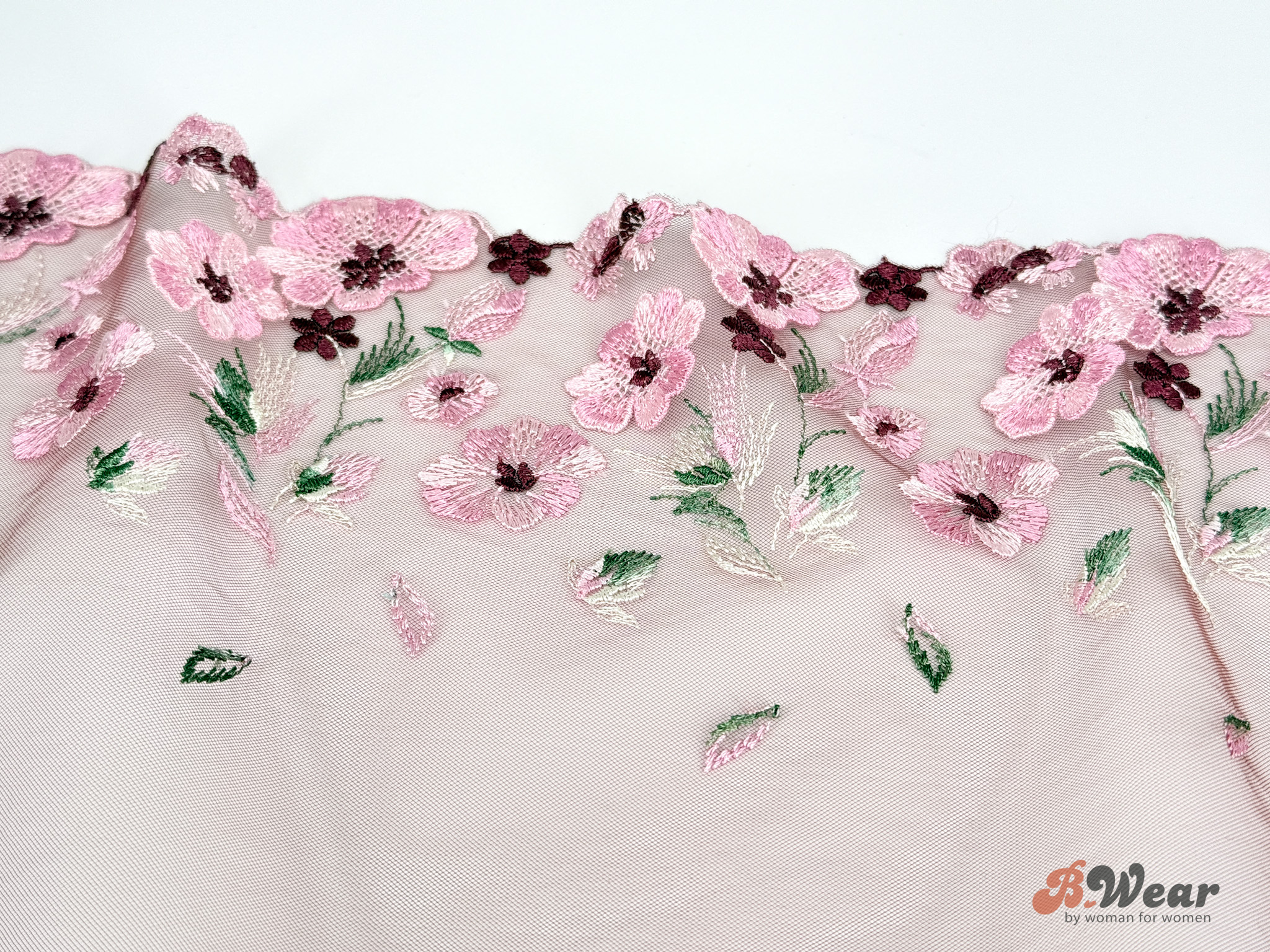 BlackCherry colored non-stretch tulle lace with beautiful flowers in pink 3D flowers - 17 cm - 3