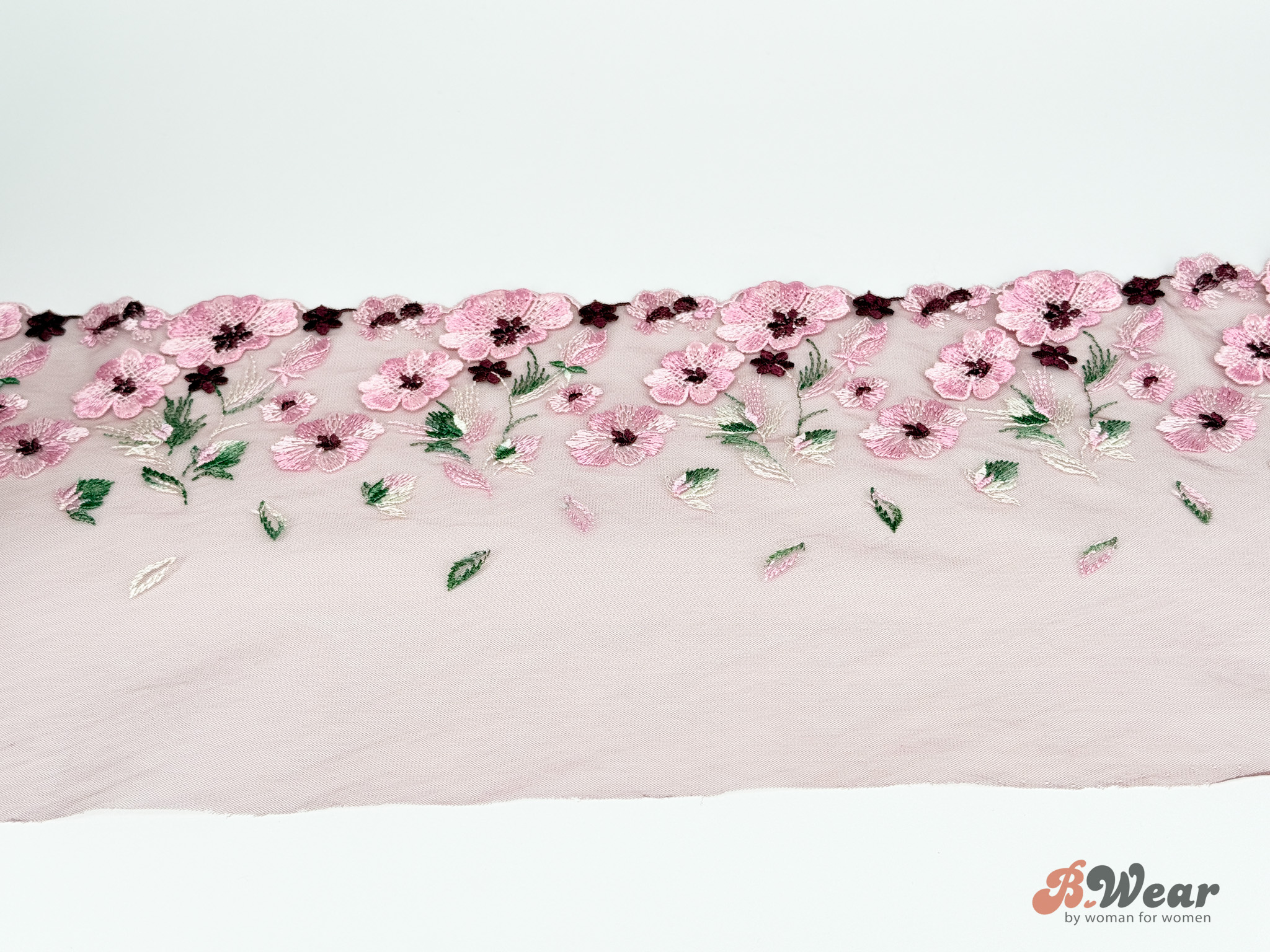 BlackCherry colored non-stretch tulle lace with beautiful flowers in pink 3D flowers - 17 cm - 2