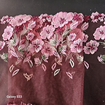 BlackCherry colored non-stretch tulle lace with beautiful flowers in pink 3D flowers - 17 cm