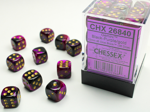 Chessex: Gemini Black-Purple/Gold 12mm d6 Dice Block (36 dice)