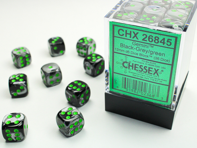 Chessex: Gemini Black-Grey/Green 12mm d6 Dice Block (36 dice)