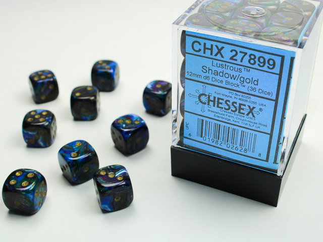 Chessex: Lustrous Shadow/Gold 12mm d6 Dice Block (36 dice)