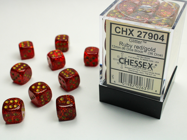 Chessex: Glitter Ruby/Gold 12mm d6 Dice Block (36 dice)