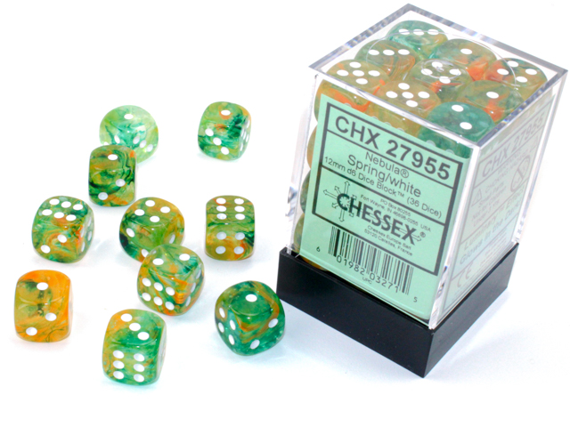 Chessex: Nebula Spring/White Luminary 12mm d6 Dice Block (36 dice)