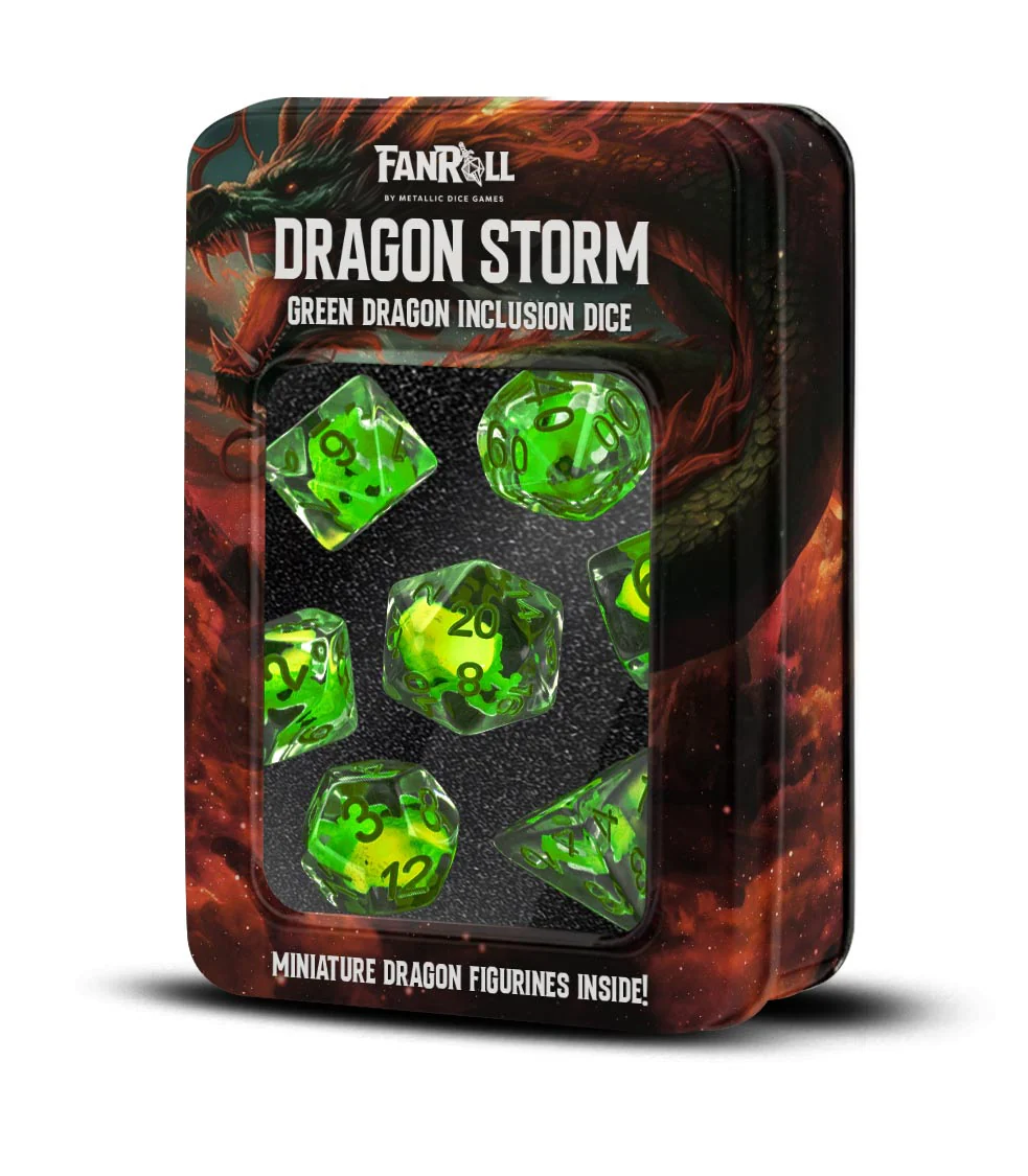 FanRoll: Dragon Storm Inclusion Resin Dice Set - Green Dragon