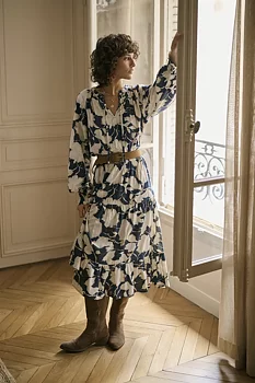 Cream Lucca Long Dress Navy Flower Print