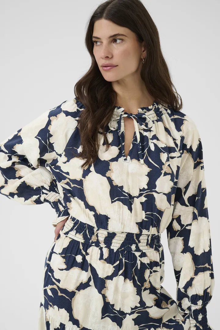 Cream Lucca Long Dress Navy Flower Print - 3