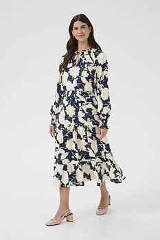 Cream Lucca Long Dress Navy Flower Print