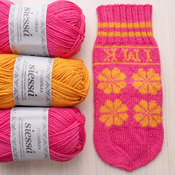 Strickpaket Fausthandschuh Blütenfäustling aus Kaunisvaara Rosa–Gelb