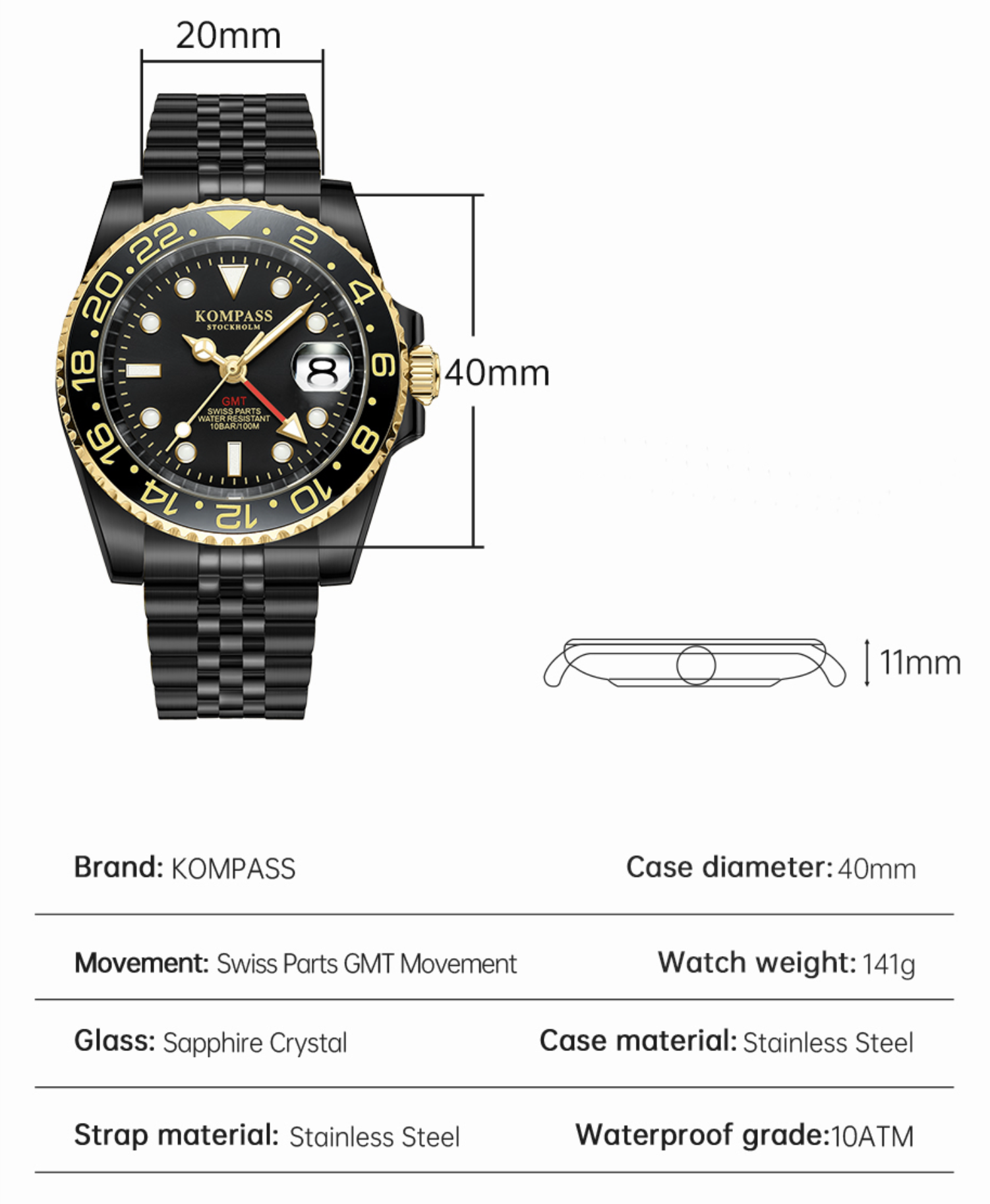 Kompass GMT-Professional Jubilee Sapphire Steel Gold Black - 13
