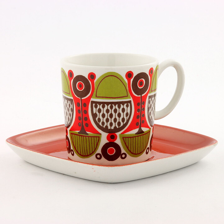 チューリ・グラムスタッド・オリヴァー  Calypsoシリーズ  コーヒーカップ  茶/緑/赤色の模様  9cm  1969年  (5)