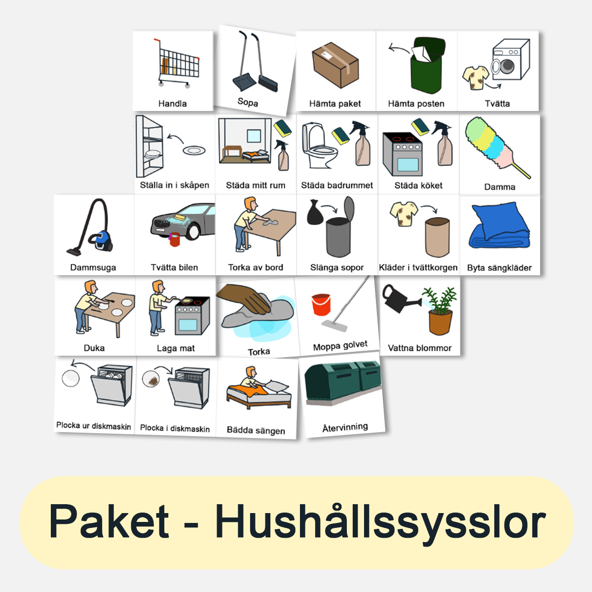 Bildstödpaket - Hushållssysslor, 3×3 cm (25 bilder)