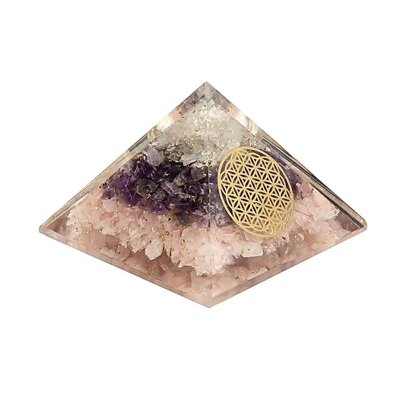 Orgonitpyramid gyllene triangel med Livets blomma  7.5 cm