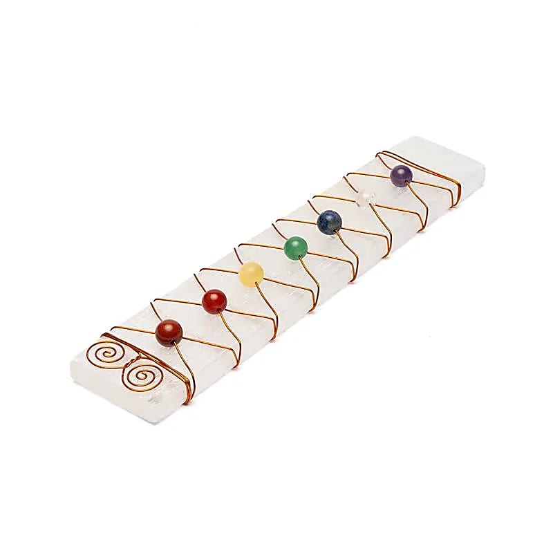 Laddningsplatta i selenit  med runda chakra stenar 17x3 cm
