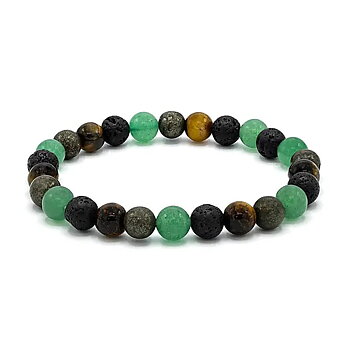 Armband för breda handled med  grön kvarts, lavasten, tigeröga och pyrit.