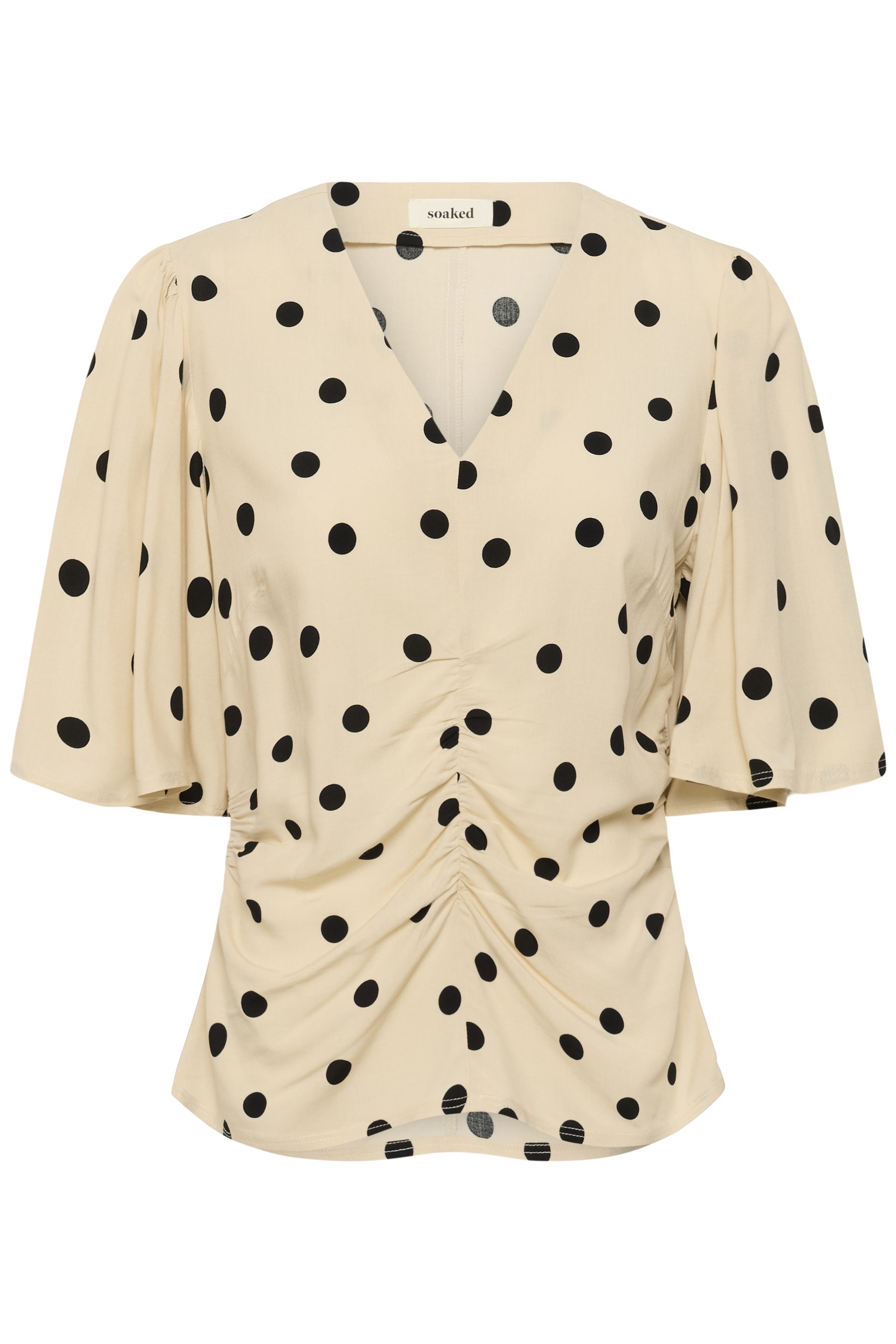 SLArjana Ruching Blouse SS Oatmeal with Black Dots