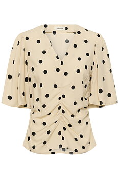 SLArjana Ruching Blouse SS Oatmeal with Black Dots