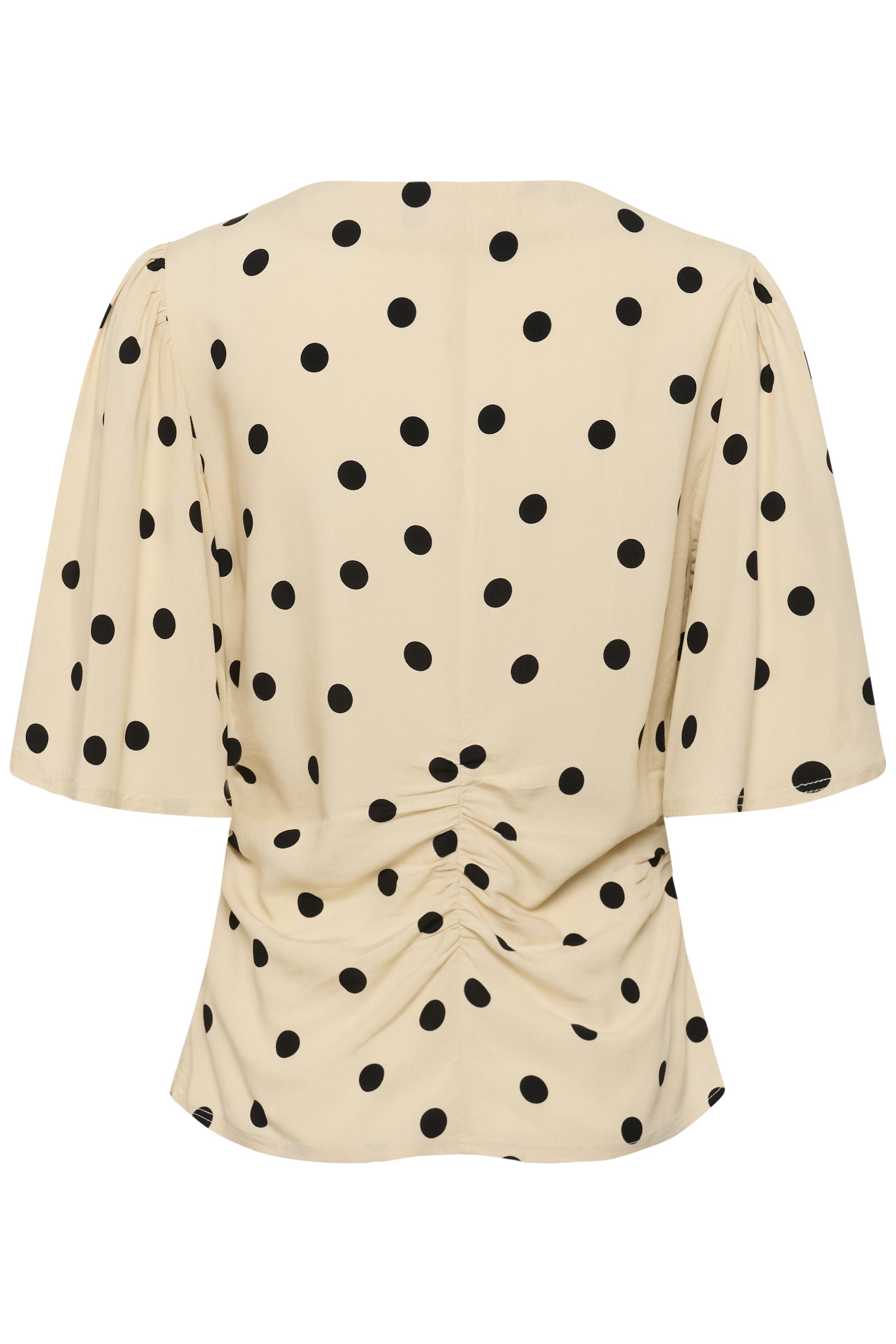 SLArjana Ruching Blouse SS Oatmeal with Black Dots - 2