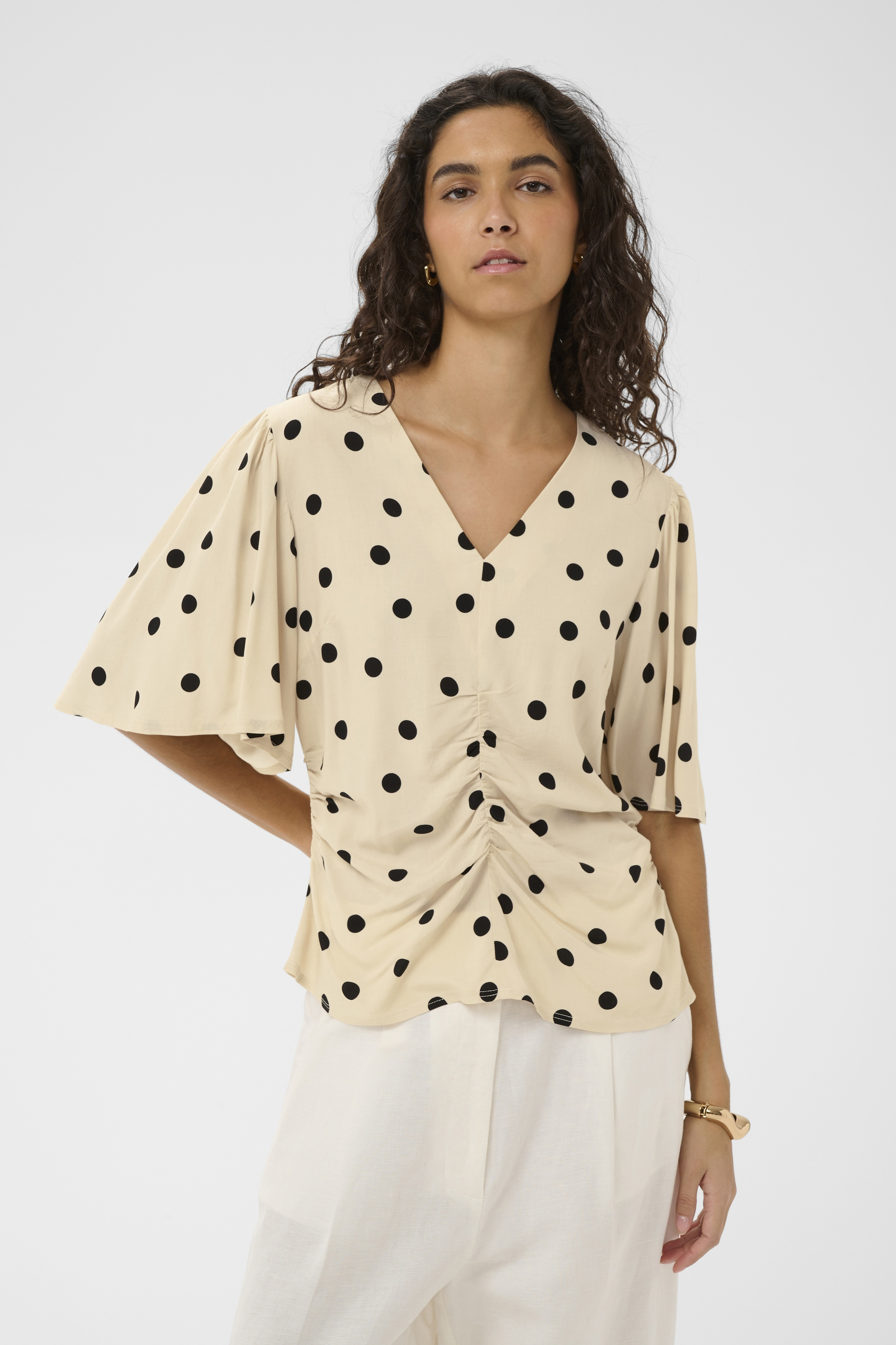 SLArjana Ruching Blouse SS Oatmeal with Black Dots - 6