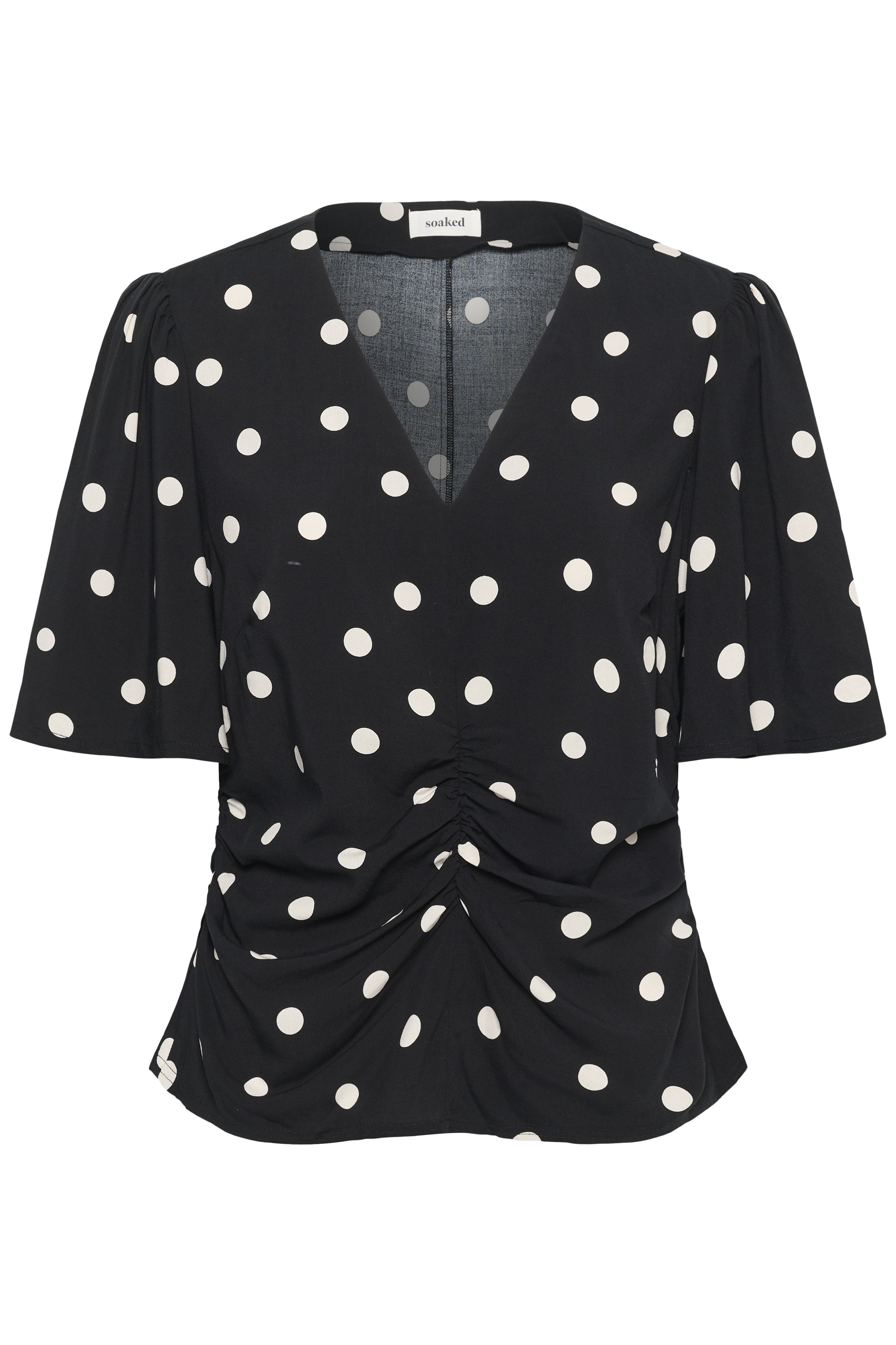 SLArjana Ruching Blouse SS Black with Oatmeal Dot