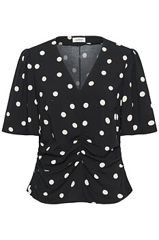 SLArjana Ruching Blouse SS Black with Oatmeal Dot