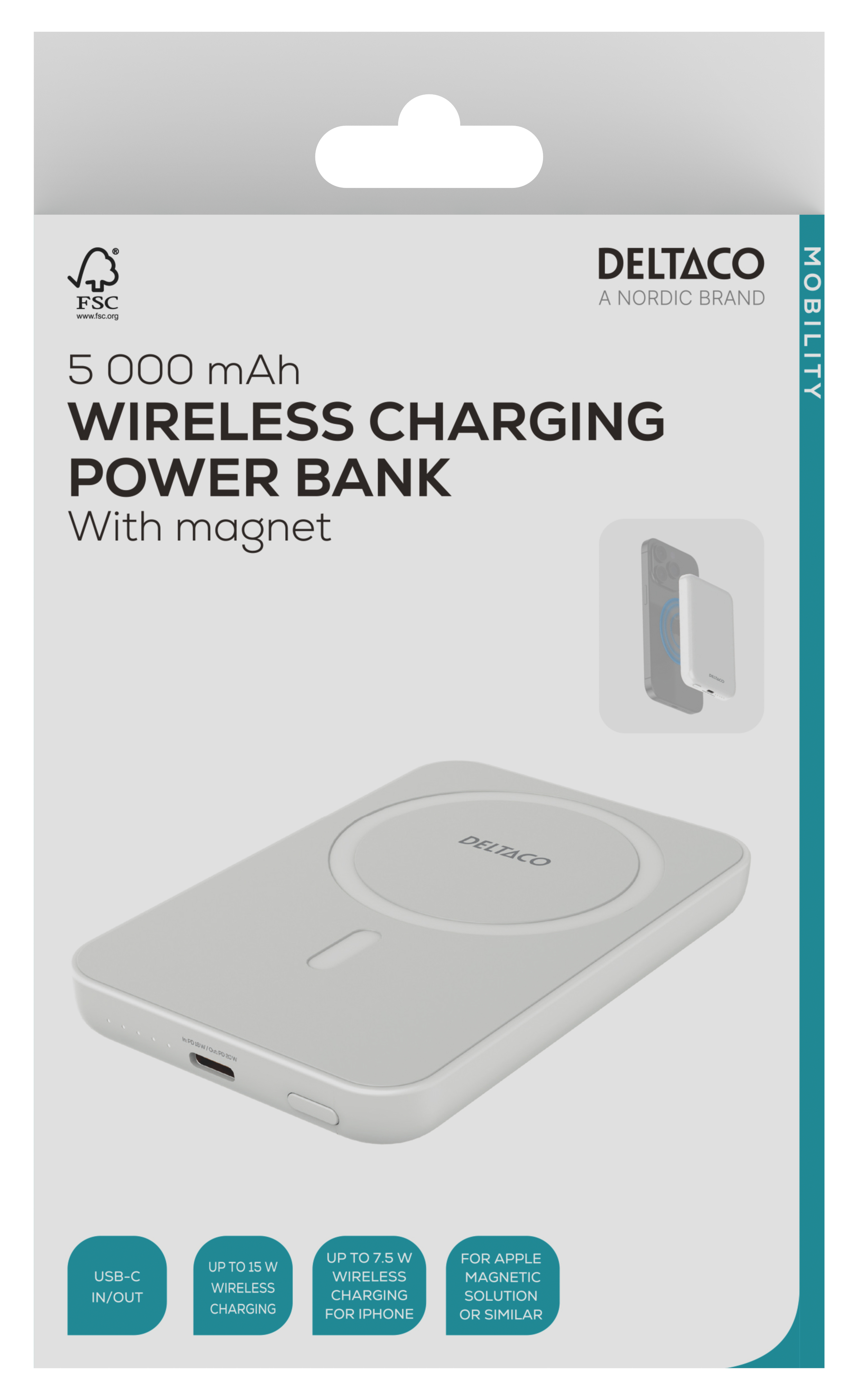 Deltaco Powerbank 5000 mAh, trådlös laddning, PD 20 W, magnet, vit - 8
