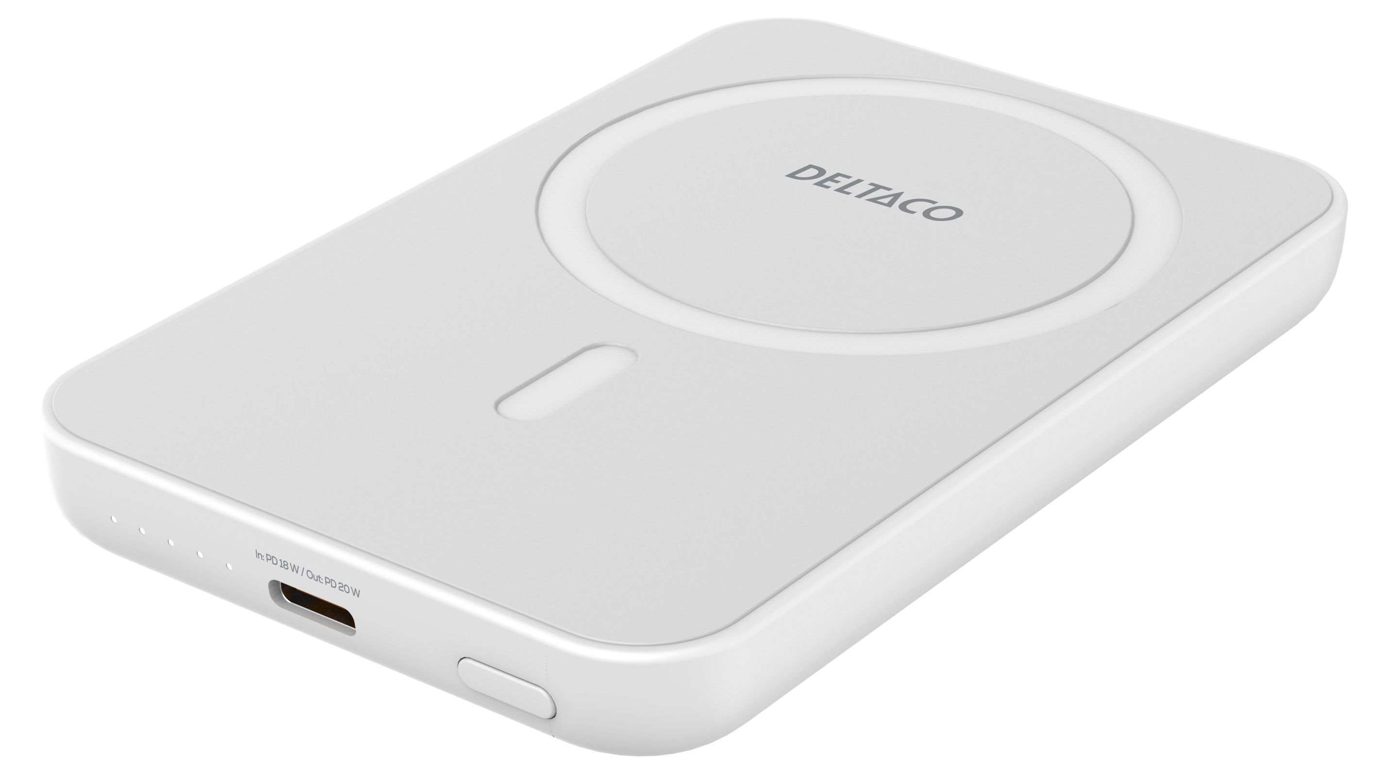 Deltaco Powerbank 5000 mAh, trådlös laddning, PD 20 W, magnet, vit