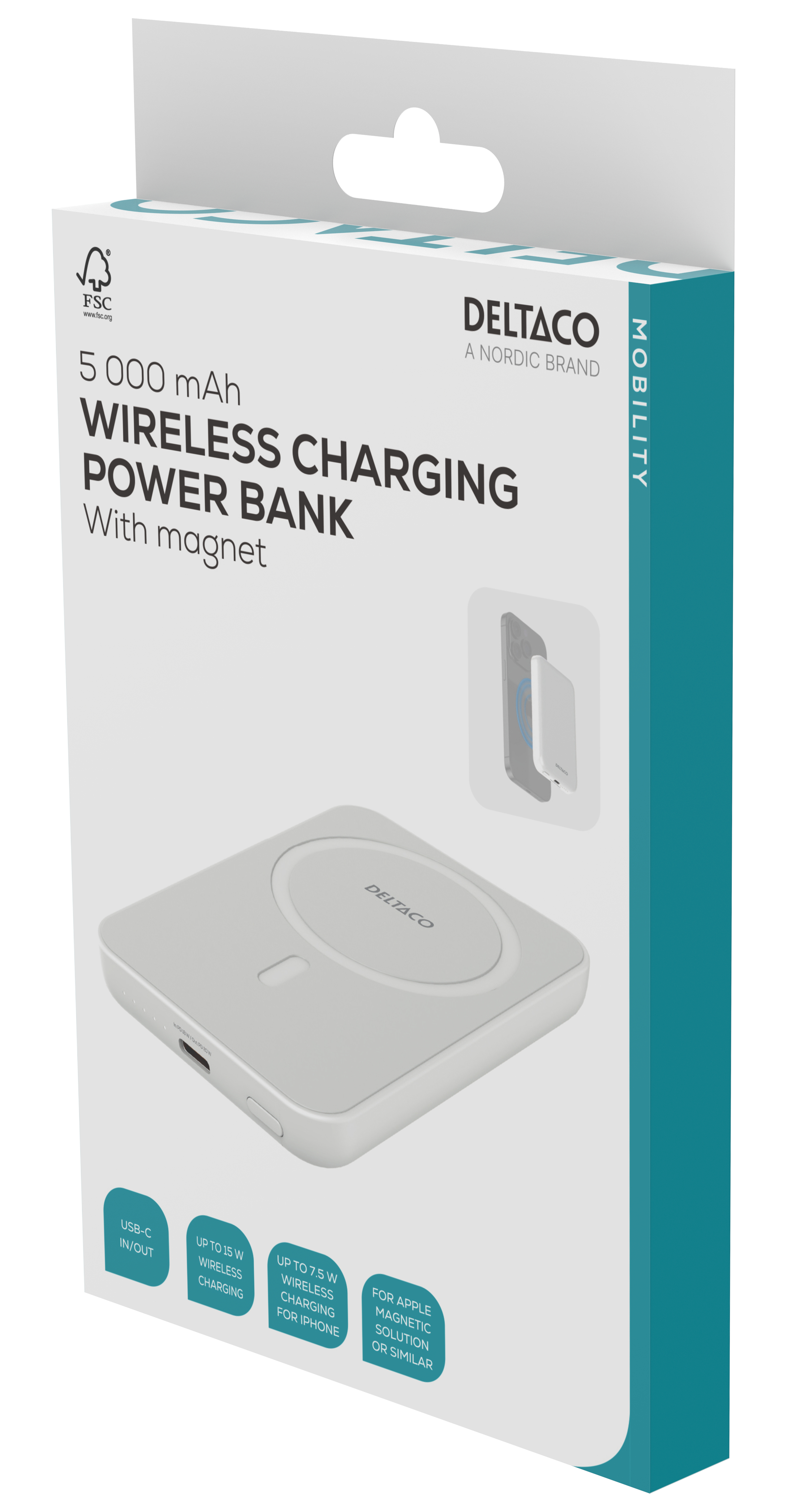 Deltaco Powerbank 5000 mAh, trådlös laddning, PD 20 W, magnet, vit - 7