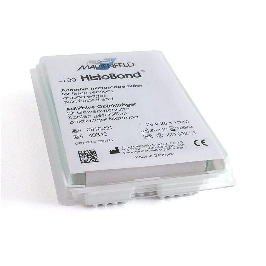 Objektglas Histobond - Utgången datum - 76 x 26 mm, 1 mm, +/-0,05 mm, skurna, f.d. IVD 90/79/EC, CE, 100st