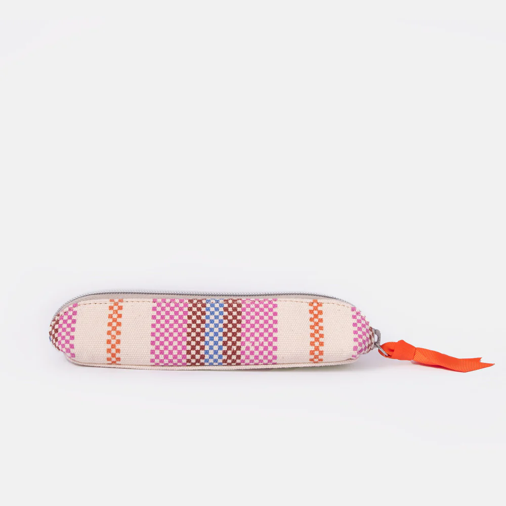 Checkerboard Stripe Printed Canvas Pencil Case - 4