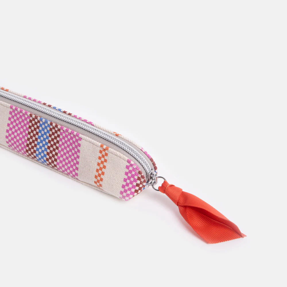 Checkerboard Stripe Printed Canvas Pencil Case