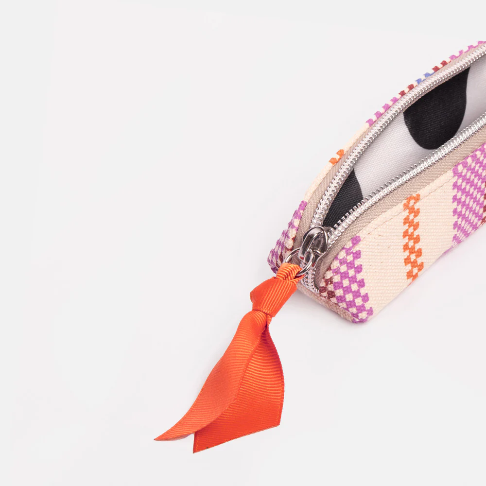 Checkerboard Stripe Printed Canvas Pencil Case - 3