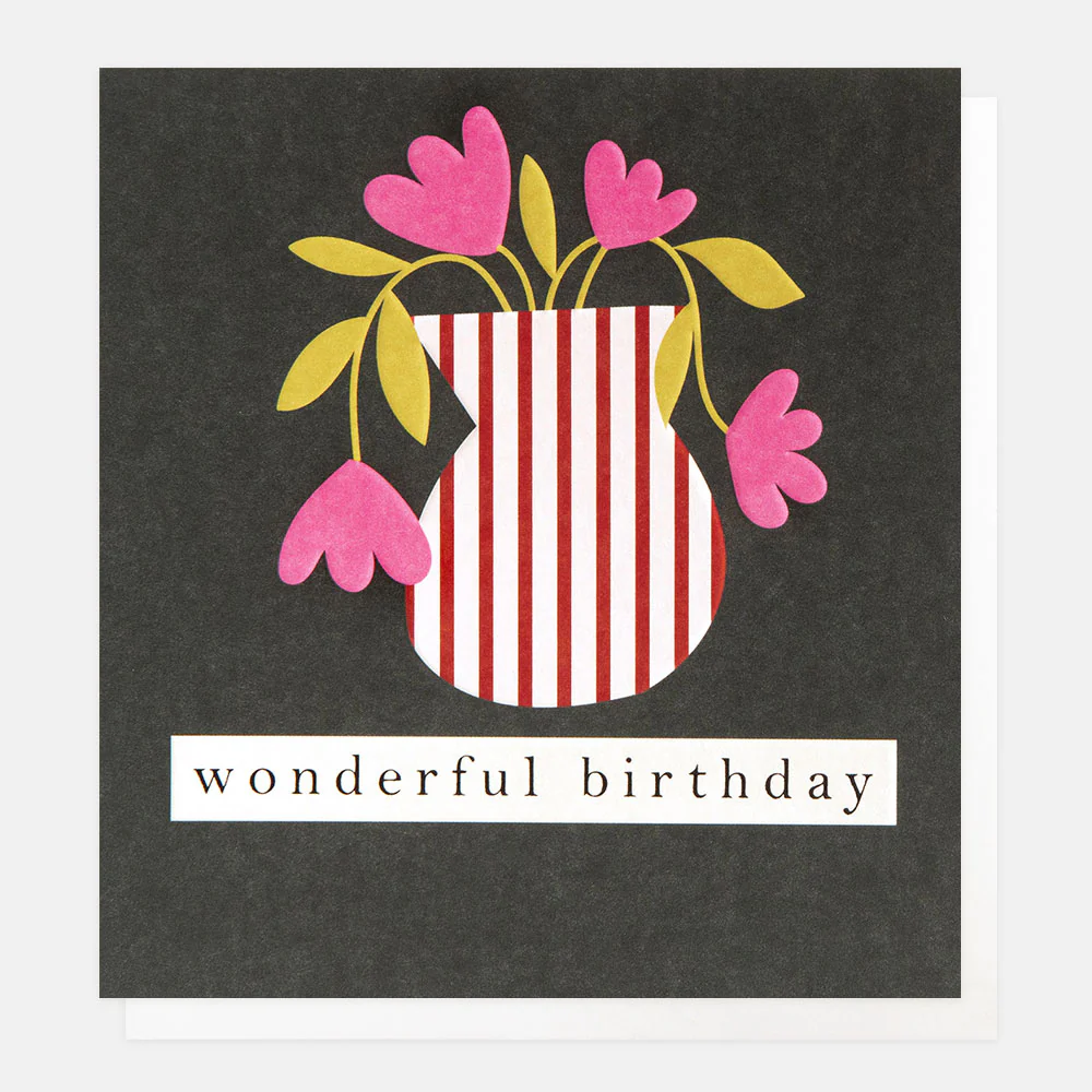 Wonderful Birthday Stripe Vase Of Flowers On Charcoal, Greeting Card