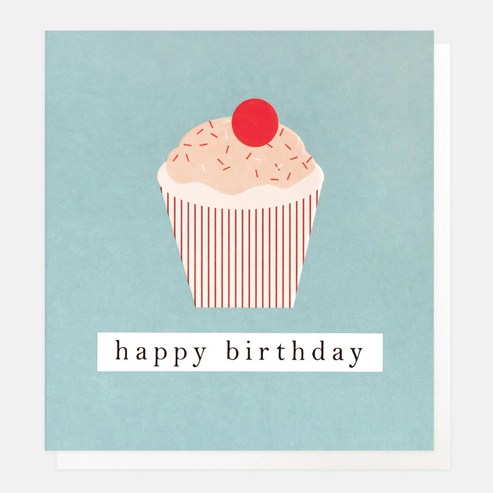 Happy Birthday Iced Cupcake With Cherry On Blue, Greeting Card