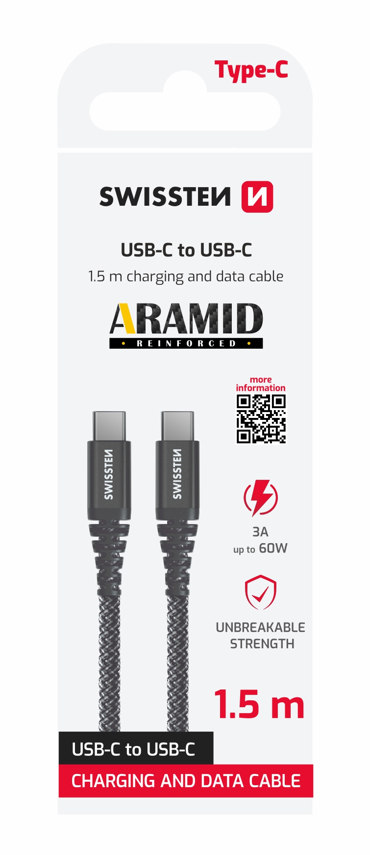 Swissten Aramid USB-C till USB-C 1,5m