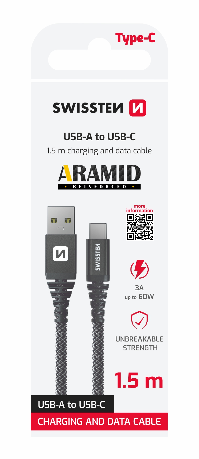 Swissten Aramid USB / USB-C 1,5m