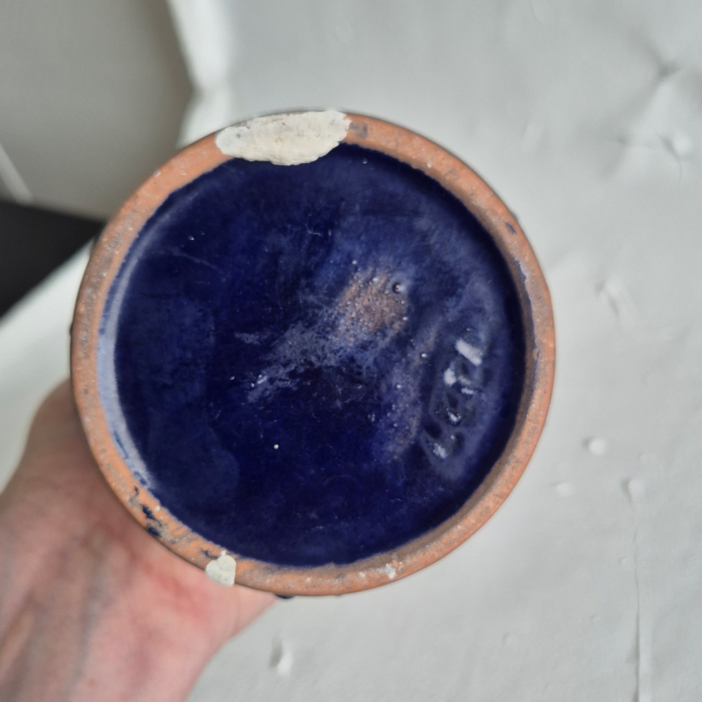 vintage VAS Strehla GDR, blå glasyr med vitt mönster, h 15,5 cm - 5