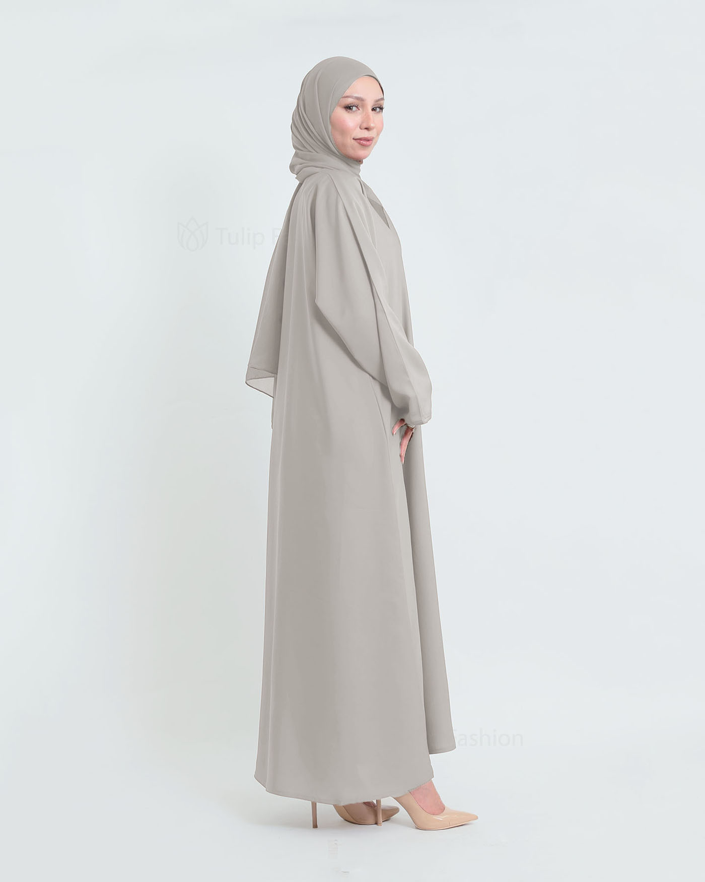 Abaya with matching Hijab - Light Gray - 2