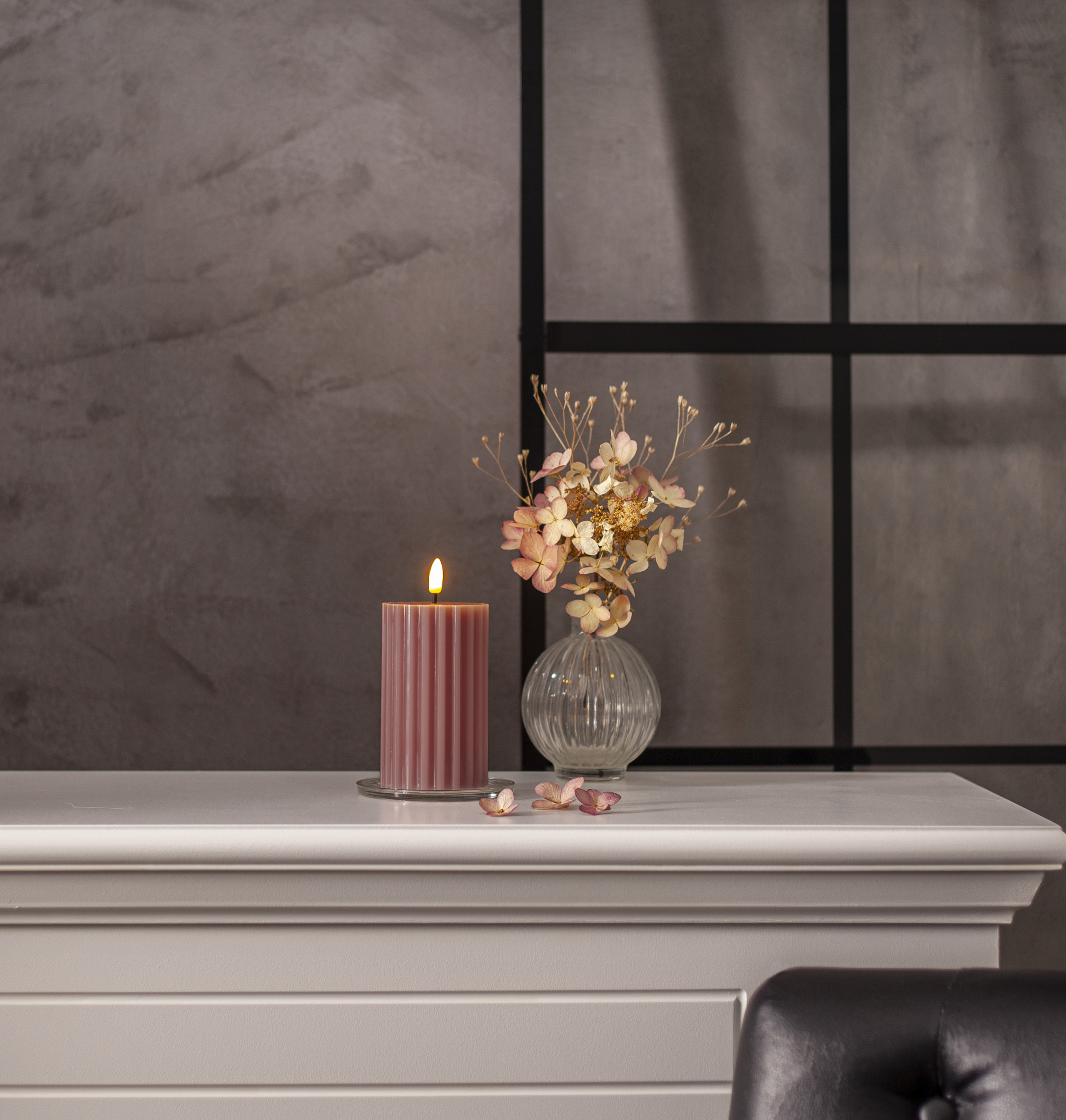 LED Block Candle Battery-powered Stripe Pink 15 cm