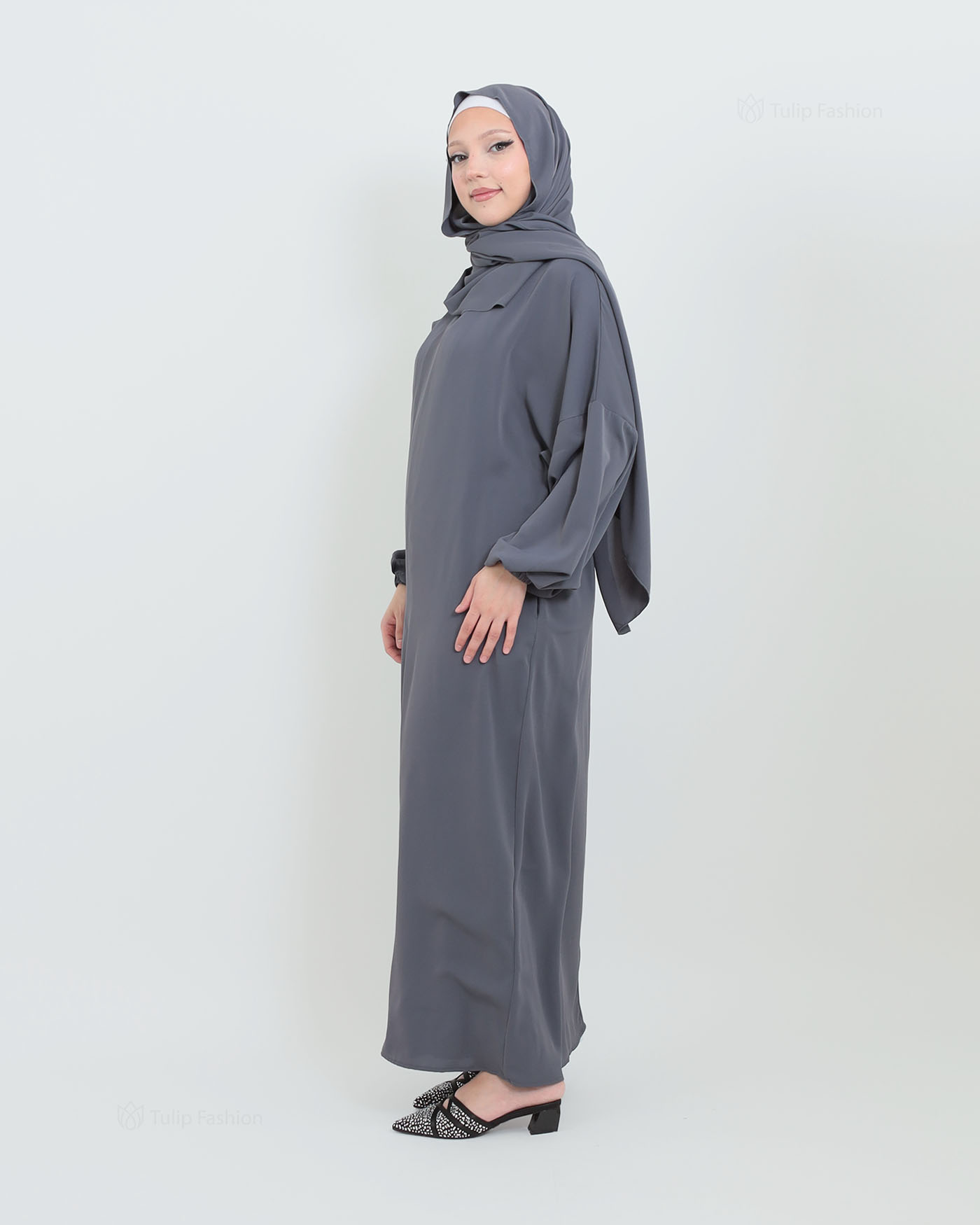 Abaya with Sewn-in Hijab - Gray - 2