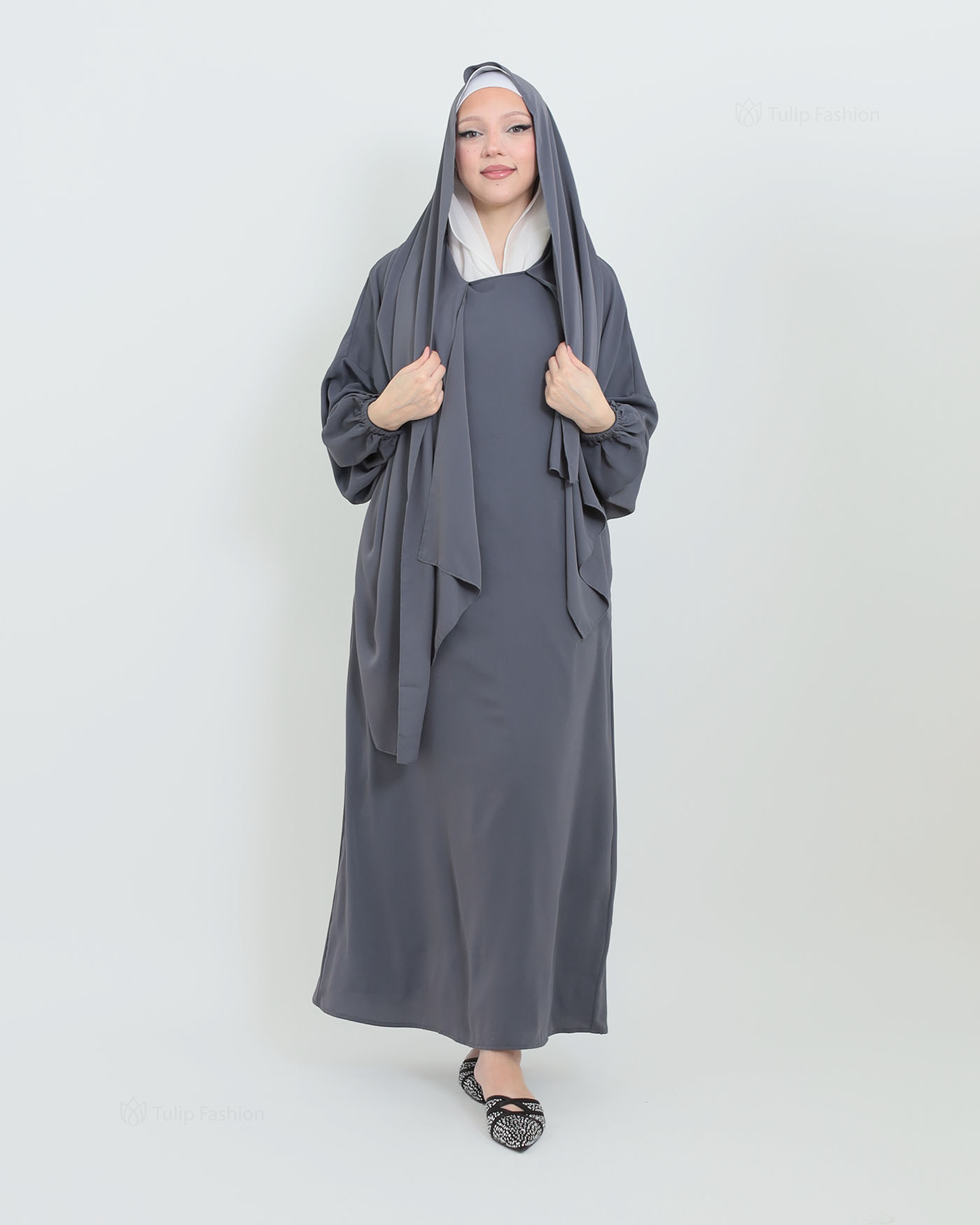 Abaya with Sewn-in Hijab - Gray - 3