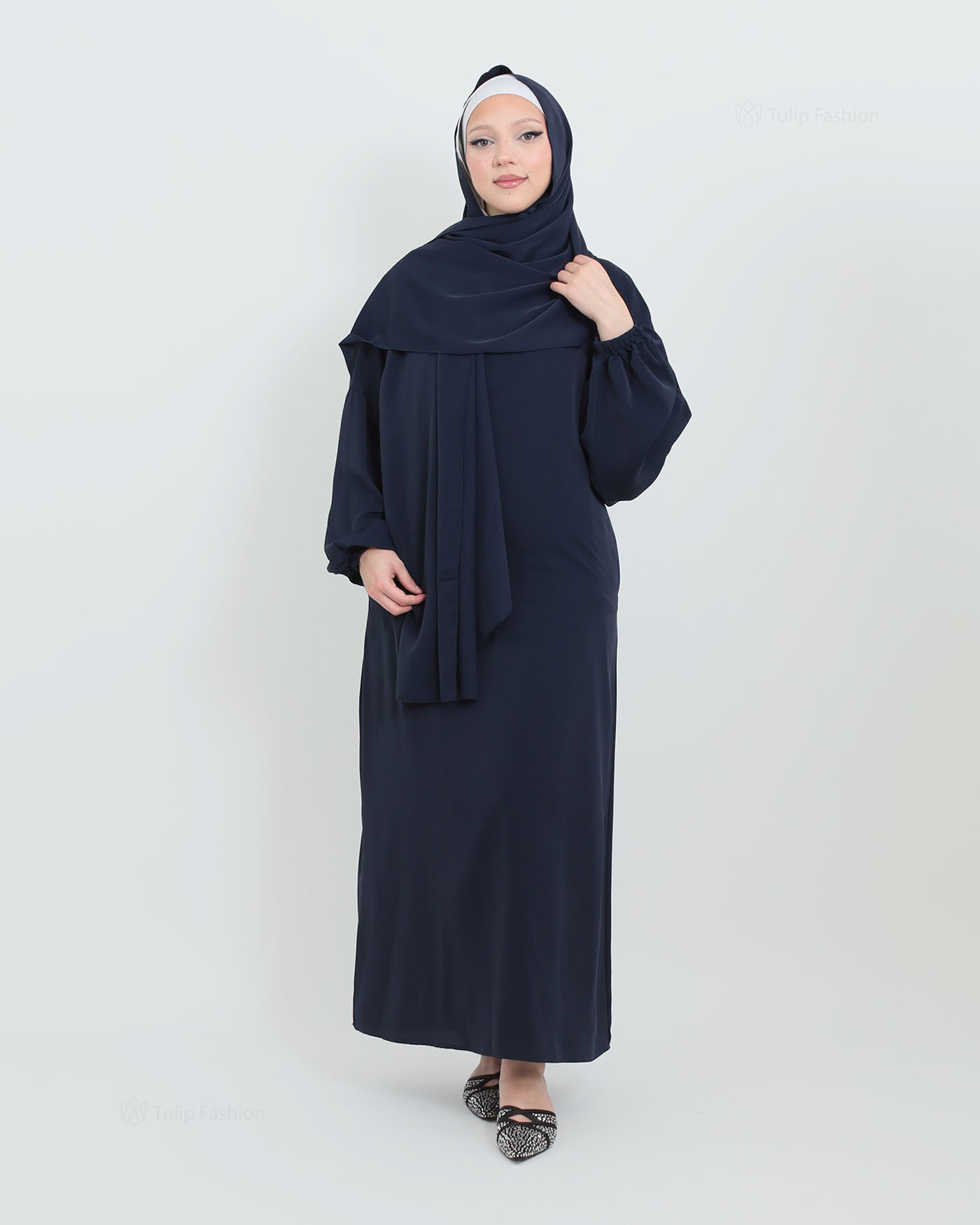 Abaya with Sewn-in Hijab - Navy Blue - 3